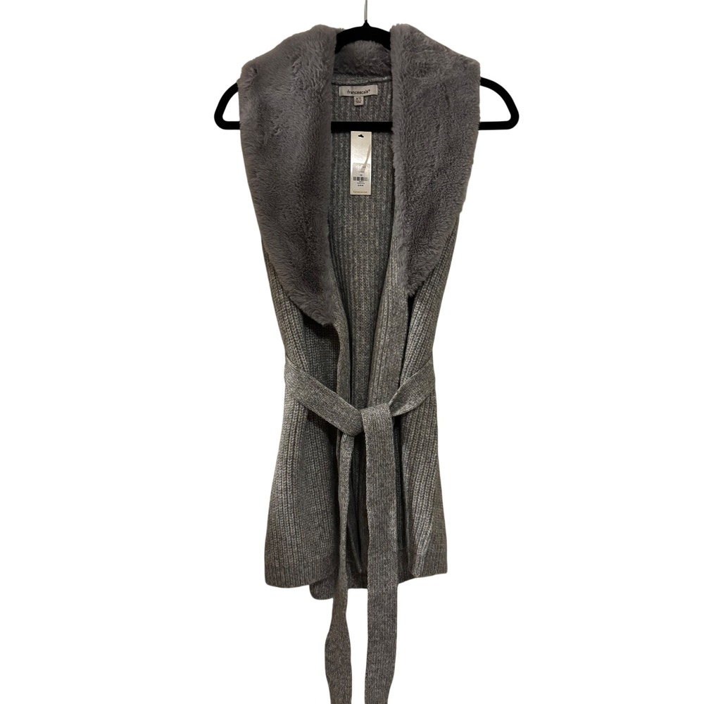 Francesca's Women's Sweater Vest XS NWT Gray Faux Fur Collar Belted Cardigan